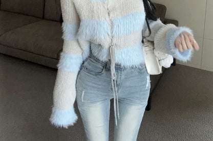 Crew Neck Striped Lace-Up Fluffy Knit Top