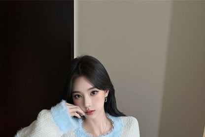 Crew Neck Striped Lace-Up Fluffy Knit Top