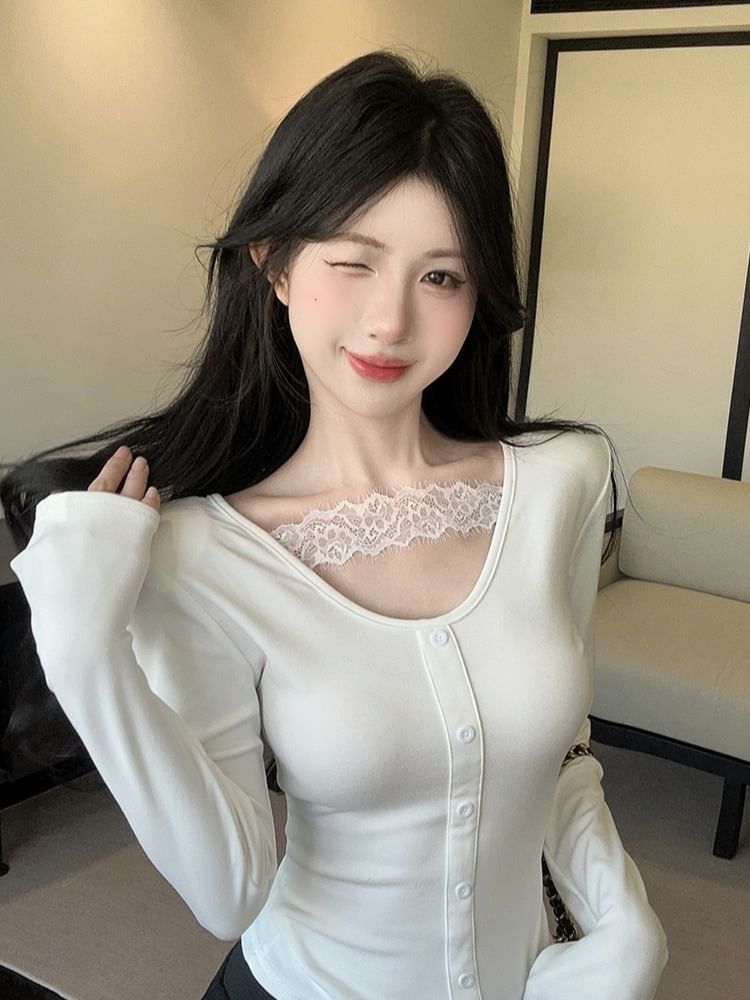 Scoop Neck Button Panel Lace Top