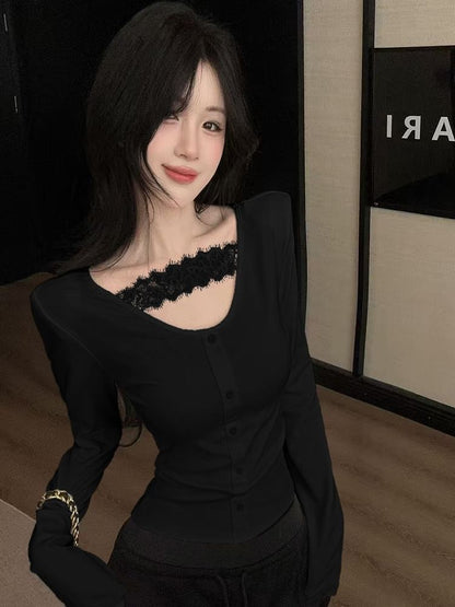 Scoop Neck Button Panel Lace Top