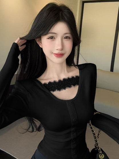 Scoop Neck Button Panel Lace Top