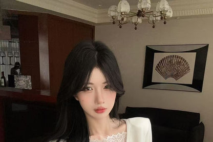 Scoop Neck Button Panel Lace Top