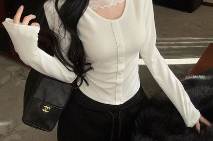 Scoop Neck Button Panel Lace Top