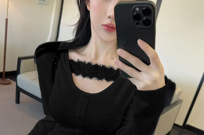 Scoop Neck Button Panel Lace Top