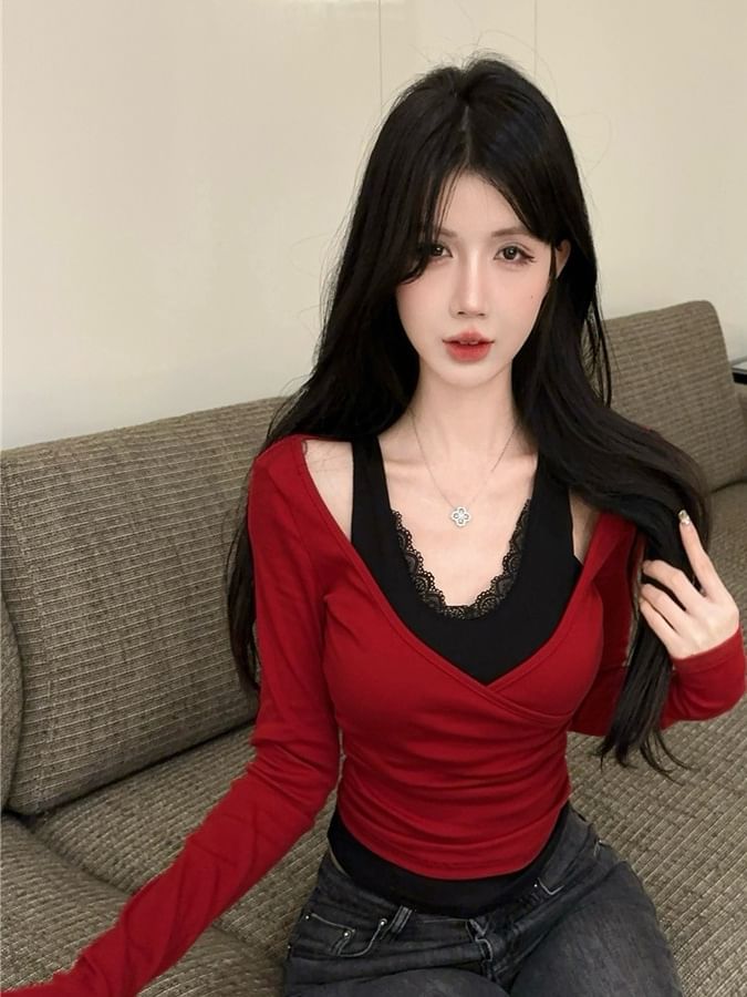 V-Neck Mock Two Piece Lace Trim Wrap Top