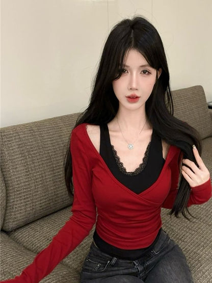 V-Neck Mock Two Piece Lace Trim Wrap Top