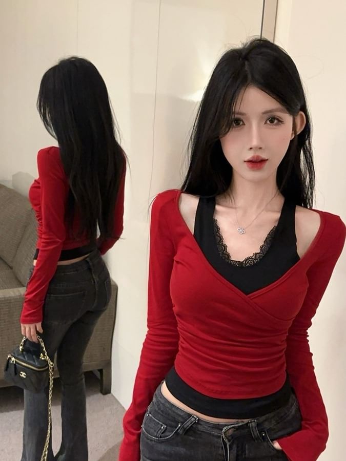 V-Neck Mock Two Piece Lace Trim Wrap Top