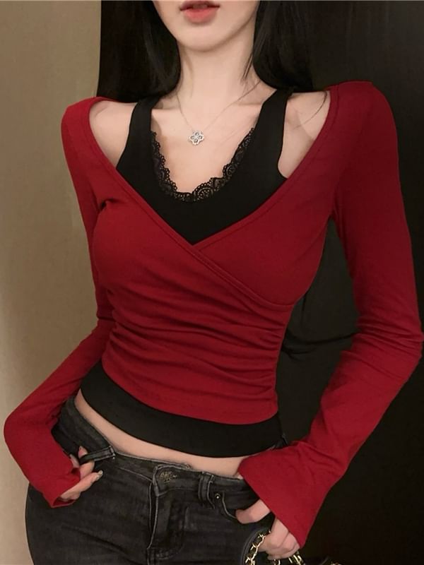 V-Neck Mock Two Piece Lace Trim Wrap Top