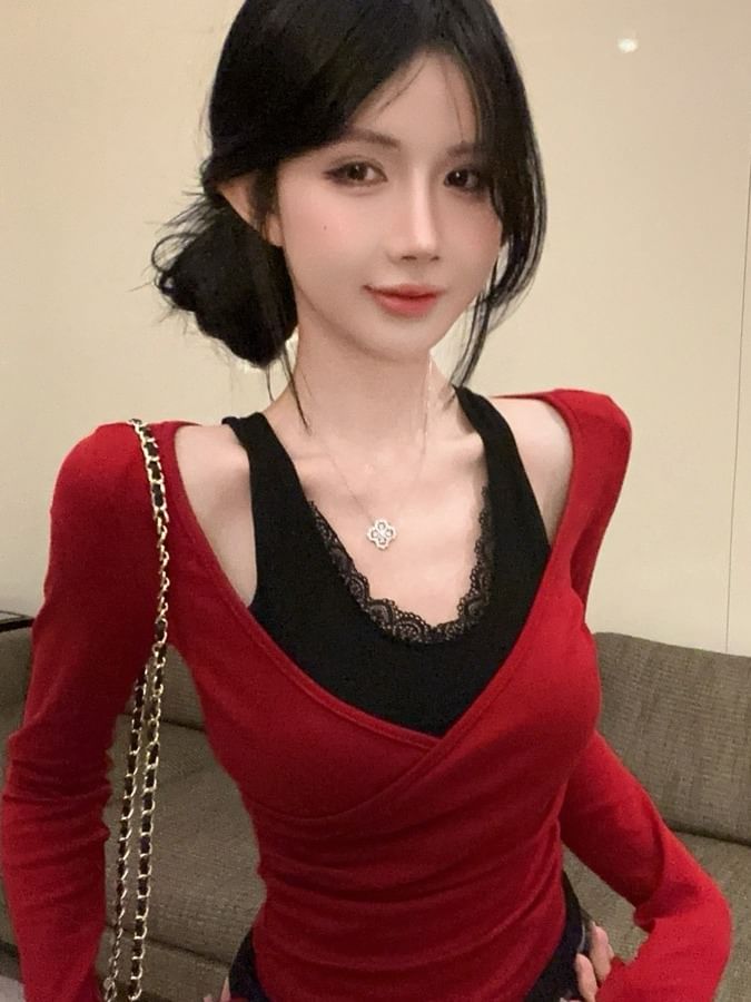 V-Neck Mock Two Piece Lace Trim Wrap Top