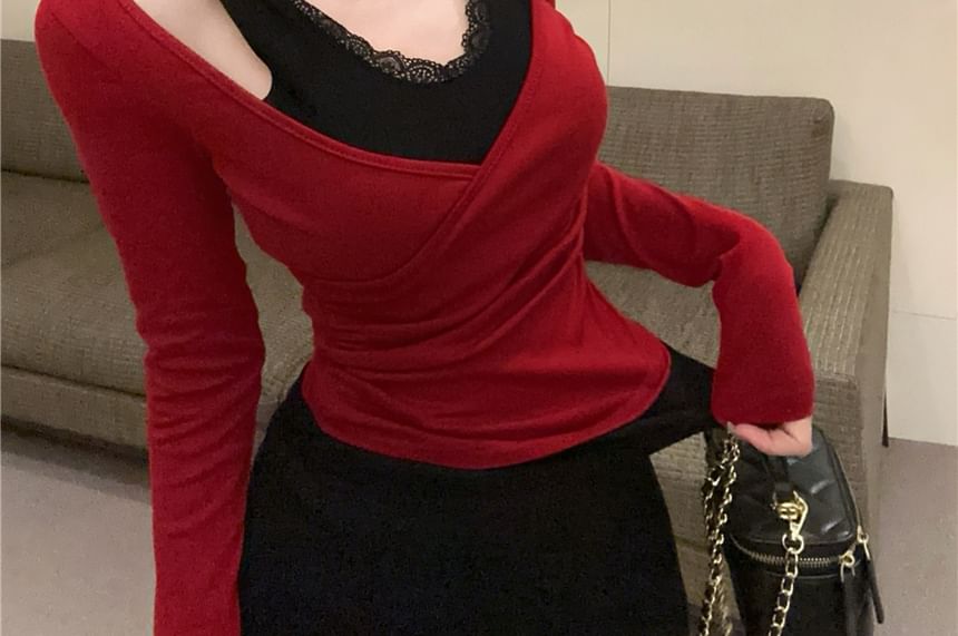 V-Neck Mock Two Piece Lace Trim Wrap Top