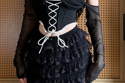 Off-Shoulder Lace Trim Mesh Long Sleeve Blouse
