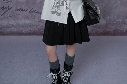 Drawstring Contrast Trim Pleated A-Line Skirt
