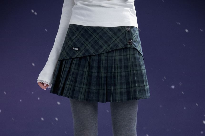 Plaid Pleated Mini A-Line Skirt - High Rise