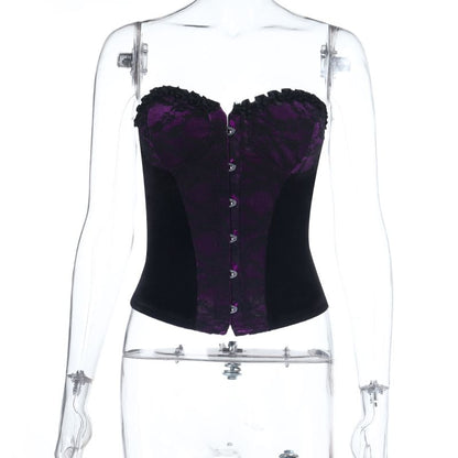 Lace Panel Frill Trim Crop Corset Tube Top