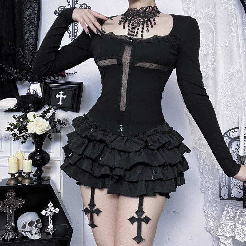 Square Neck Lace Panel Slim Fit Crop T-Shirt