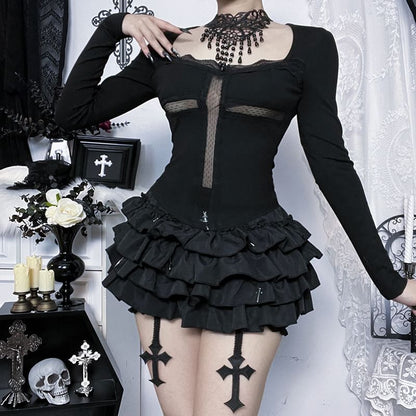 Square Neck Lace Panel Slim Fit Crop T-Shirt