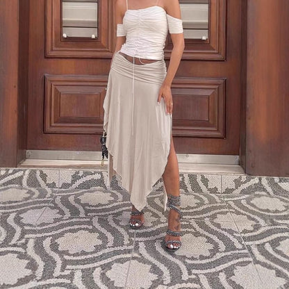 Low Waist Asymmetrical Ruched Maxi A-Line Skirt