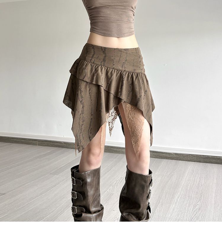 Low Rise Striped Lace Trim Asymmetrical Mini A-Line Skirt