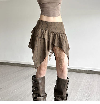 Low Rise Striped Lace Trim Asymmetrical Mini A-Line Skirt
