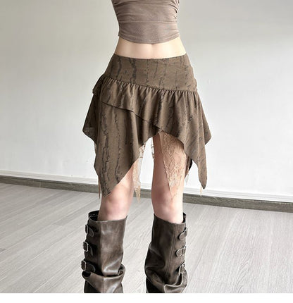 Low Rise Striped Lace Trim Asymmetrical Mini A-Line Skirt