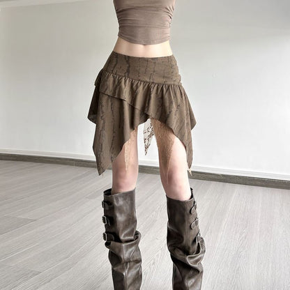 Low Rise Striped Lace Trim Asymmetrical Mini A-Line Skirt