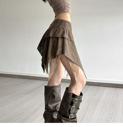 Low Rise Striped Lace Trim Asymmetrical Mini A-Line Skirt