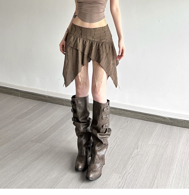 Low Rise Striped Lace Trim Asymmetrical Mini A-Line Skirt