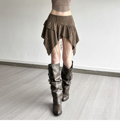 Low Rise Striped Lace Trim Asymmetrical Mini A-Line Skirt