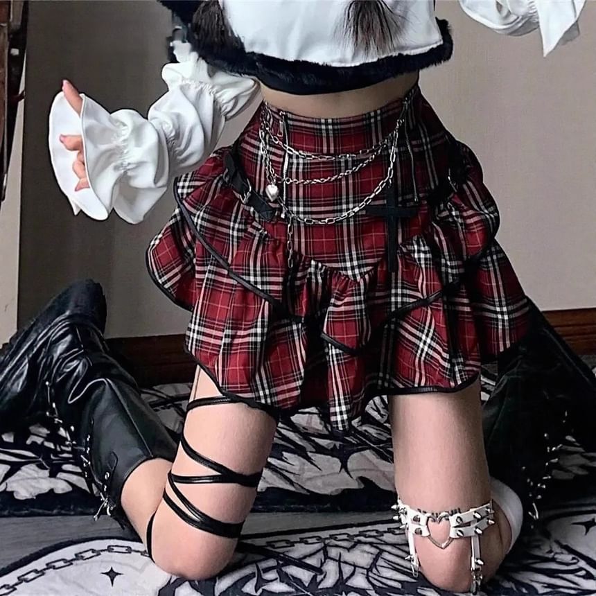 High Rise Plaid Ruffle Mini A-Line Skirt