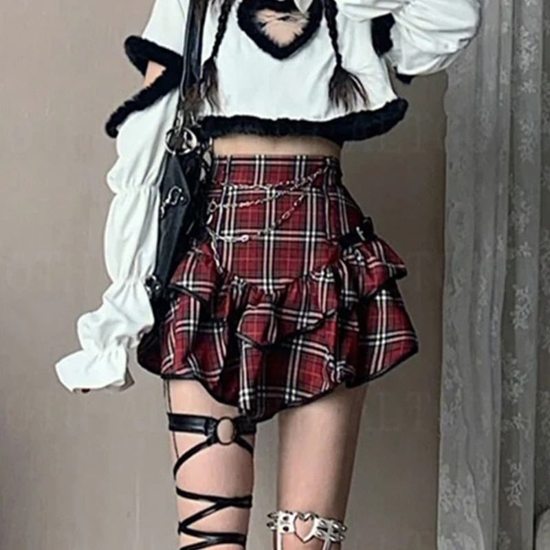 High Rise Plaid Ruffle Mini A-Line Skirt