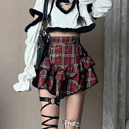 High Rise Plaid Ruffle Mini A-Line Skirt