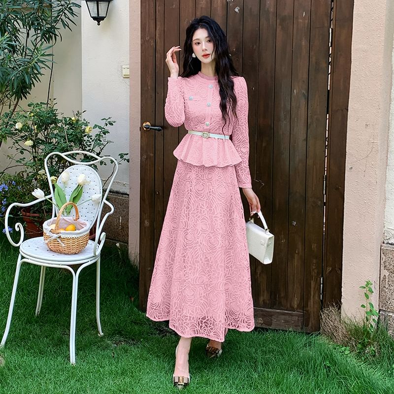 Stand Collar Peplum Lace Blouse & High Waist Maxi A-Line Skirt Set
