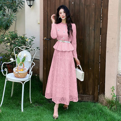 Stand Collar Peplum Lace Blouse & High Waist Maxi A-Line Skirt Set