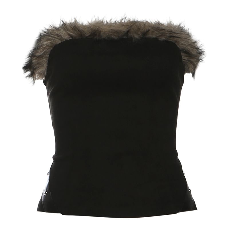 Faux Fur Trim Tube Top / Low Rise Mini Pencil Skirt