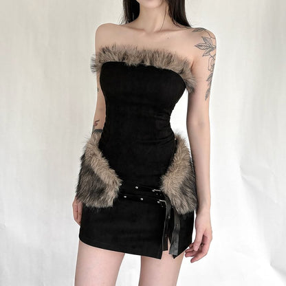 Faux Fur Trim Tube Top / Low Rise Mini Pencil Skirt