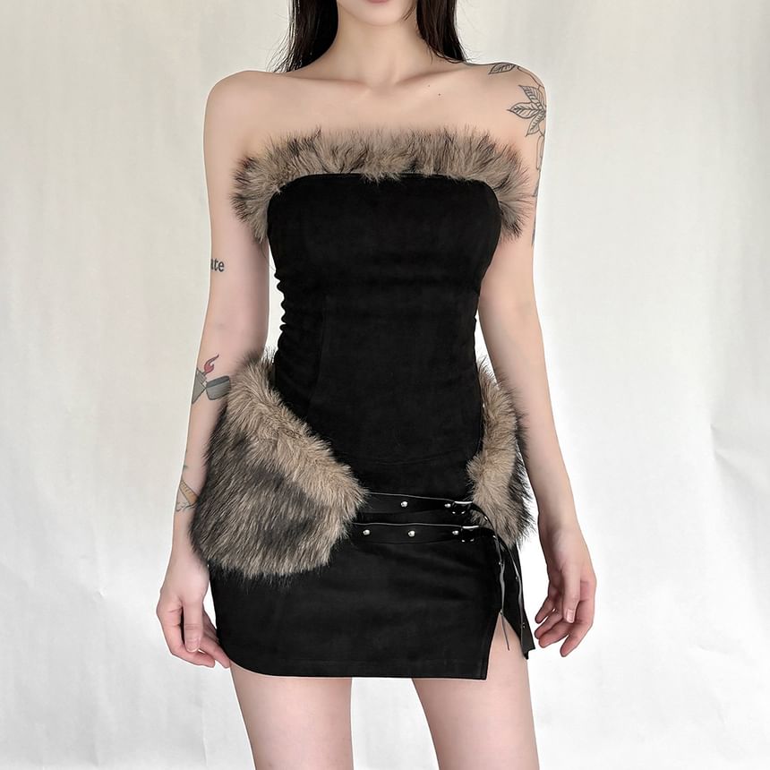 Faux Fur Trim Tube Top / Low Rise Mini Pencil Skirt