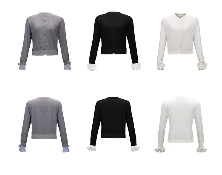 Extended Sleeve Crew Neck Solid Button Front Cardigan / High Rise Mini A-Line Skirt