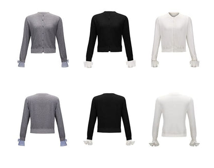Extended Sleeve Crew Neck Solid Button Front Cardigan / High Rise Mini A-Line Skirt