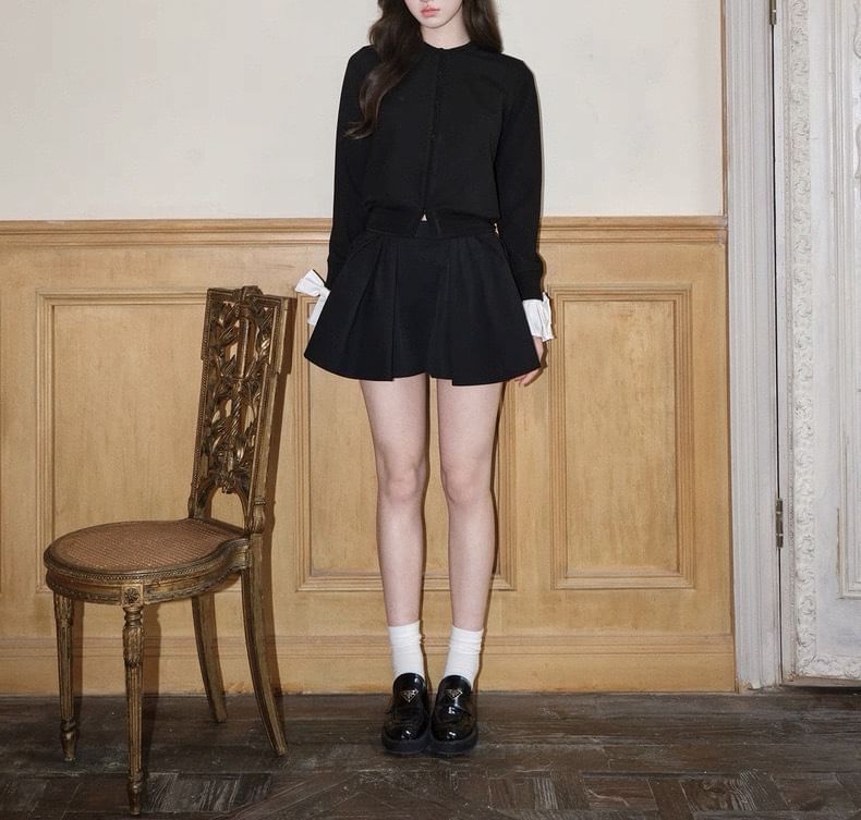 Extended Sleeve Crew Neck Solid Button Front Cardigan / High Rise Mini A-Line Skirt