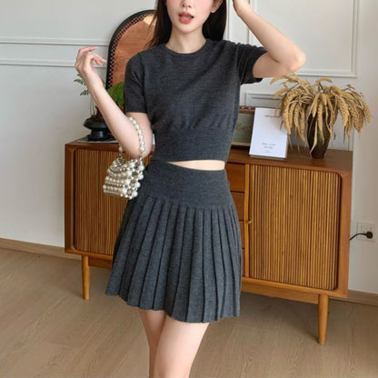 Extended Sleeve Solid Cardigan + Knit Top + High Rise Mini Pleated Skirt Set