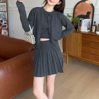 Extended Sleeve Solid Cardigan + Knit Top + High Rise Mini Pleated Skirt Set