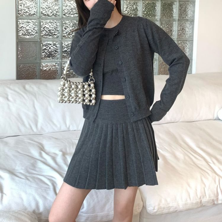 Extended Sleeve Solid Cardigan + Knit Top + High Rise Mini Pleated Skirt Set
