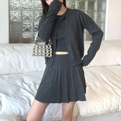 Extended Sleeve Solid Cardigan + Knit Top + High Rise Mini Pleated Skirt Set