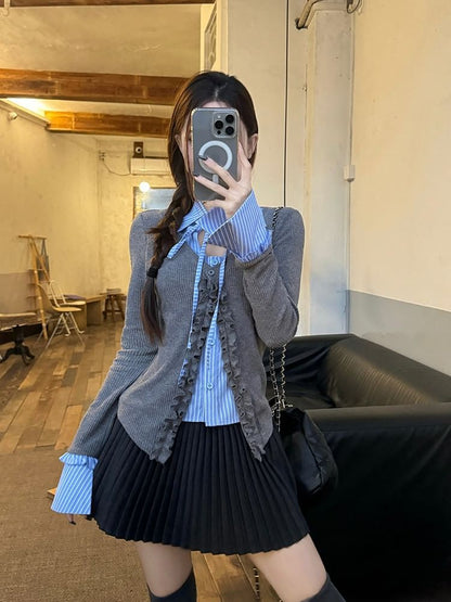 Extended Sleeve Mock Two Piece Collared Ruffled Trim Shirt / High Rise Mini Pleated Skirt