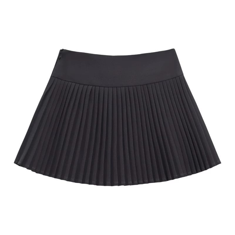 Extended Sleeve Mock Two Piece Collared Ruffled Trim Shirt / High Rise Mini Pleated Skirt