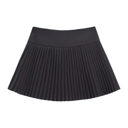 Extended Sleeve Mock Two Piece Collared Ruffled Trim Shirt / High Rise Mini Pleated Skirt