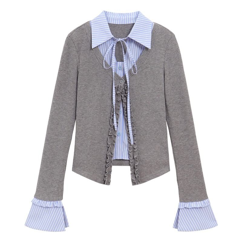 Extended Sleeve Mock Two Piece Collared Ruffled Trim Shirt / High Rise Mini Pleated Skirt