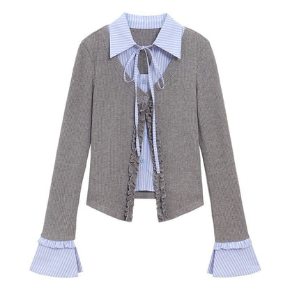 Extended Sleeve Mock Two Piece Collared Ruffled Trim Shirt / High Rise Mini Pleated Skirt