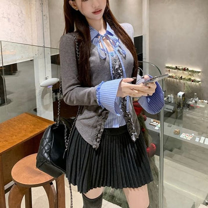 Extended Sleeve Mock Two Piece Collared Ruffled Trim Shirt / High Rise Mini Pleated Skirt
