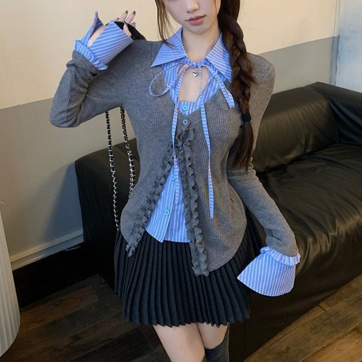 Extended Sleeve Mock Two Piece Collared Ruffled Trim Shirt / High Rise Mini Pleated Skirt